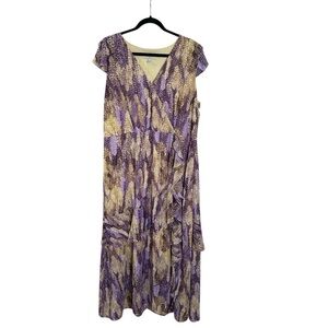 Haute Hippie XL Purple and Yellow Feather Tiered Ruffle Flowy Maxi Boho Dress